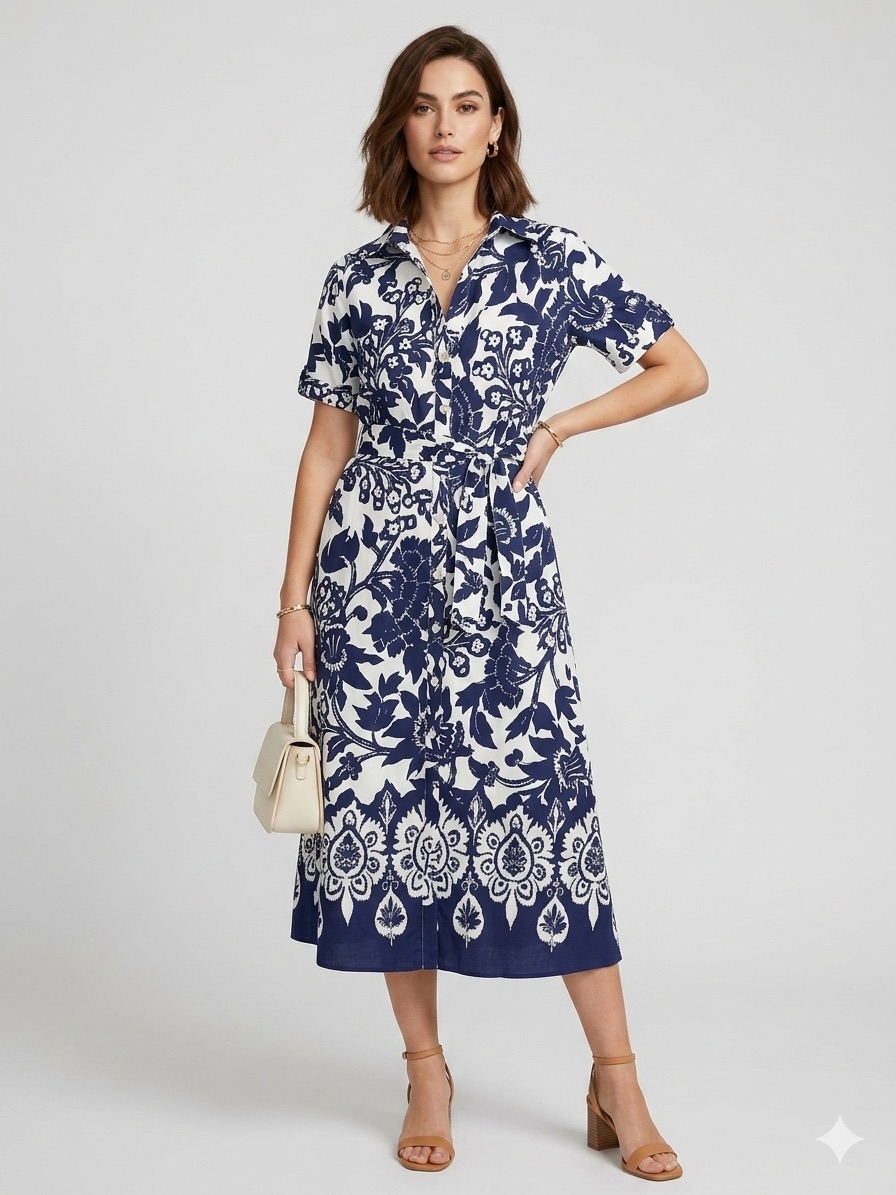Joie Blue White Floral Shirt Dress Midi Belted Cottagecore Coastal Cotton Xs